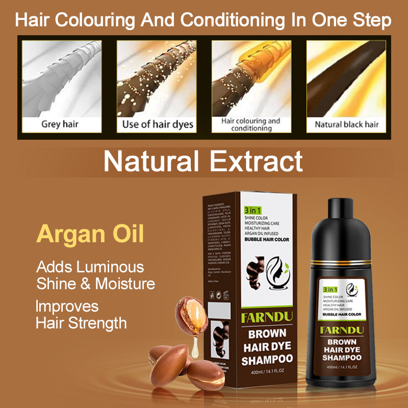 FARNDU-Hair Dye Shampoo, Gray Hair Coverage, 3 in 1 (+Shampoo+Conditioner), 10 Mins Hair Color, Glossy and bright, For Men & Women with All Hair Types, Long Lasting, Plant extracts, Fruity aroma Ammonia-Free Mild (400 mL)