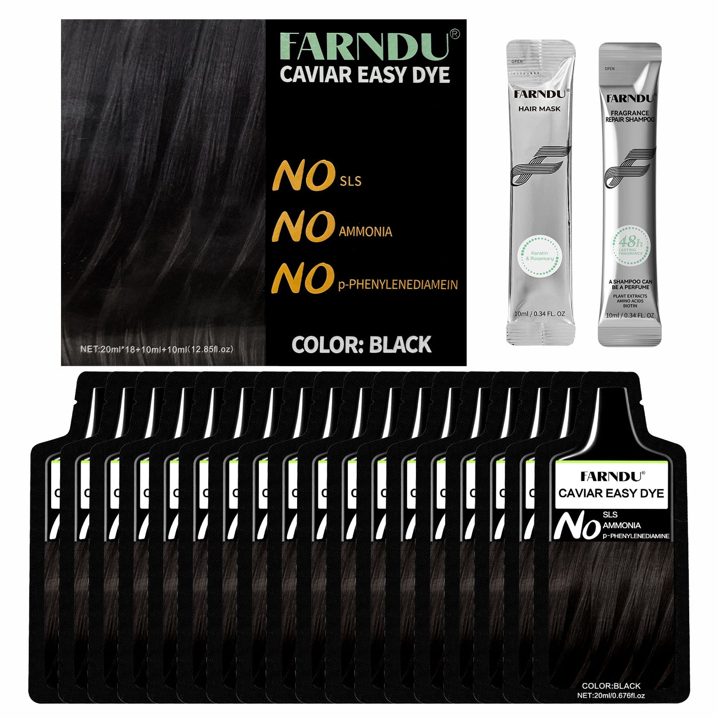 FARNDU CAVIAR EASY DYE, NO SLS/AMMONIA/PPD, 5 Plant Extracts, 10-15 Mins Fast Hair Dye + Gray Hair Coverage, Champu para canas