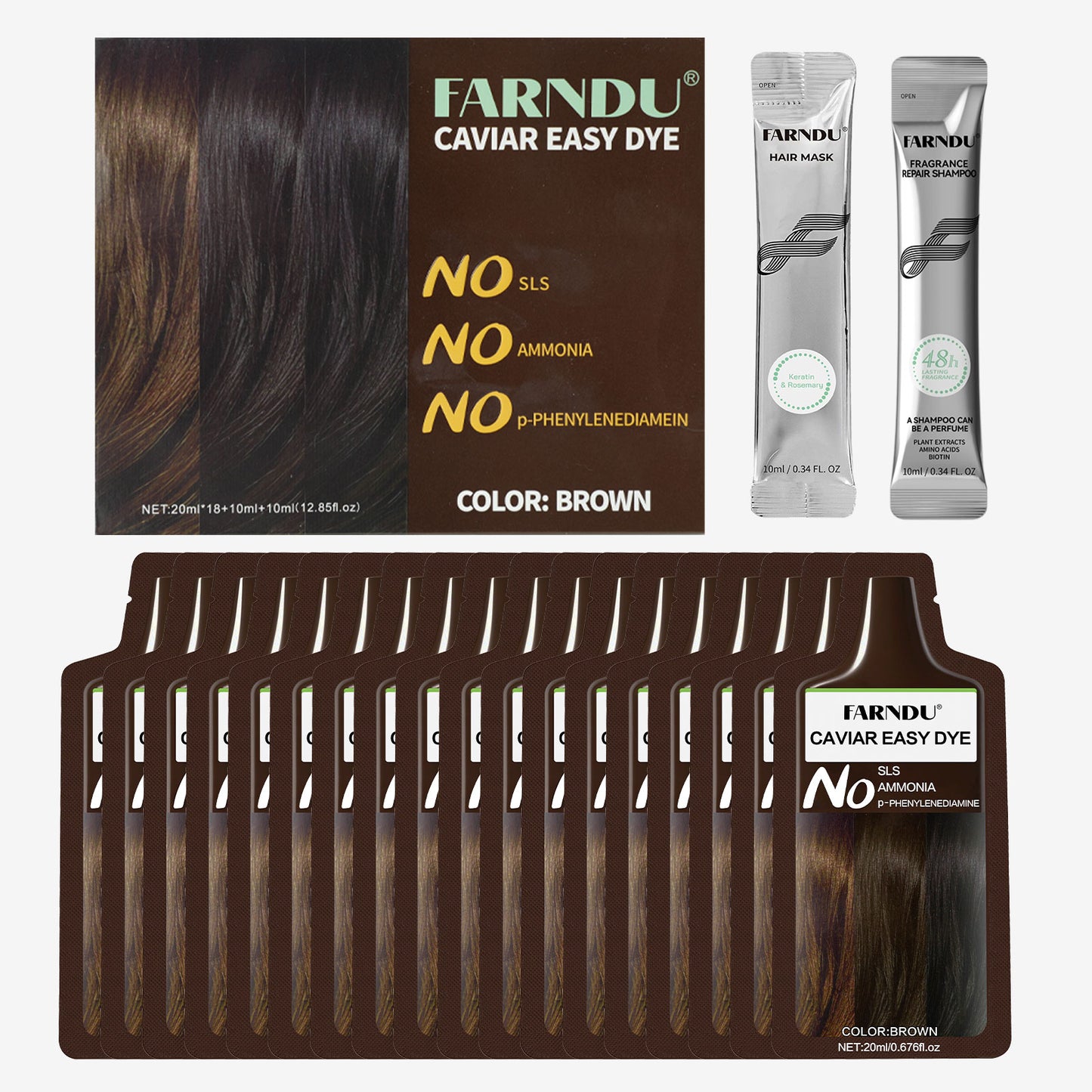FARNDU CAVIAR EASY DYE, NO SLS/AMMONIA/PPD, 5 Plant Extracts, 10-15 Mins Fast Hair Dye + Gray Hair Coverage, Champu para canas