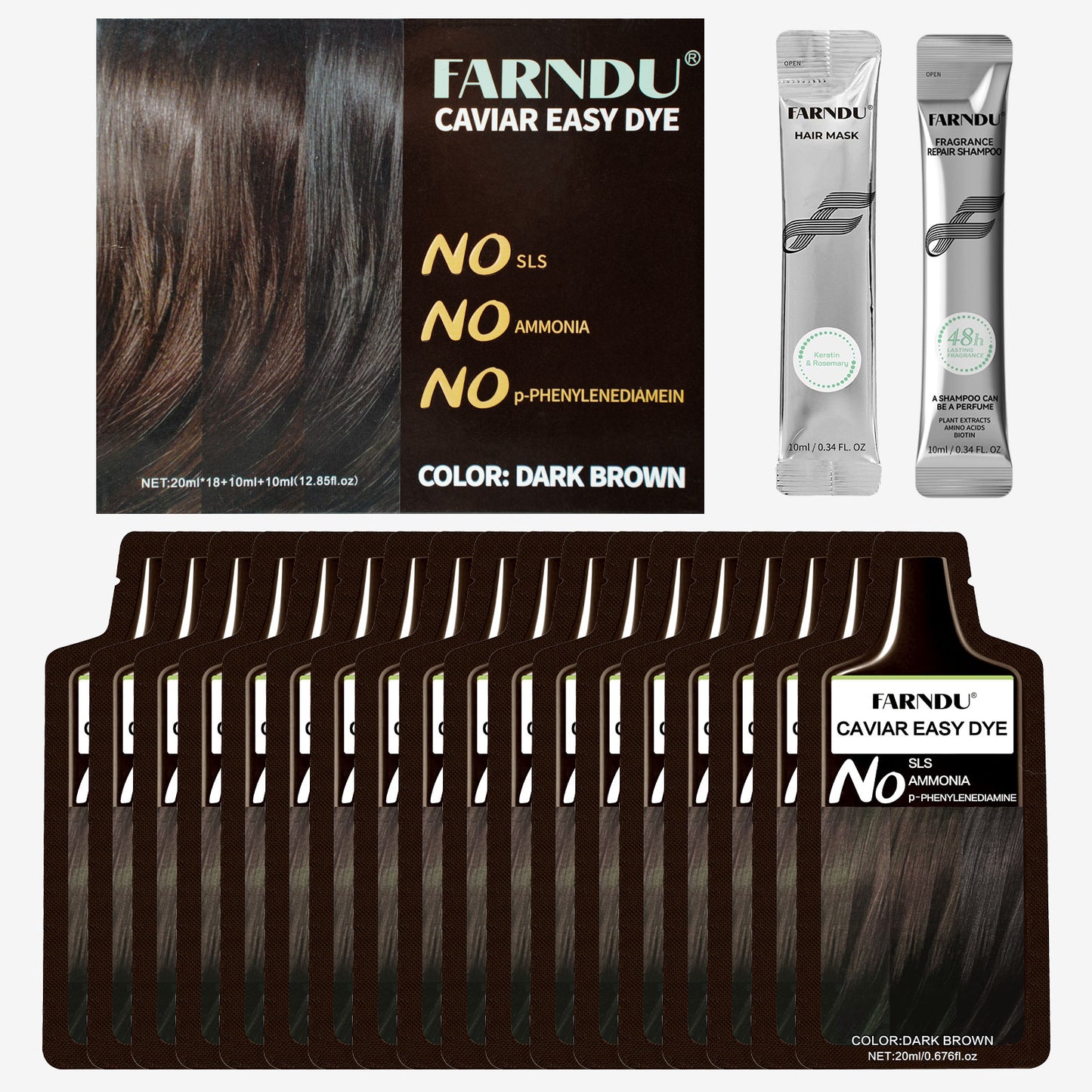 FARNDU CAVIAR EASY DYE, NO SLS/AMMONIA/PPD, 5 Plant Extracts, 10-15 Mins Fast Hair Dye + Gray Hair Coverage, Champu para canas