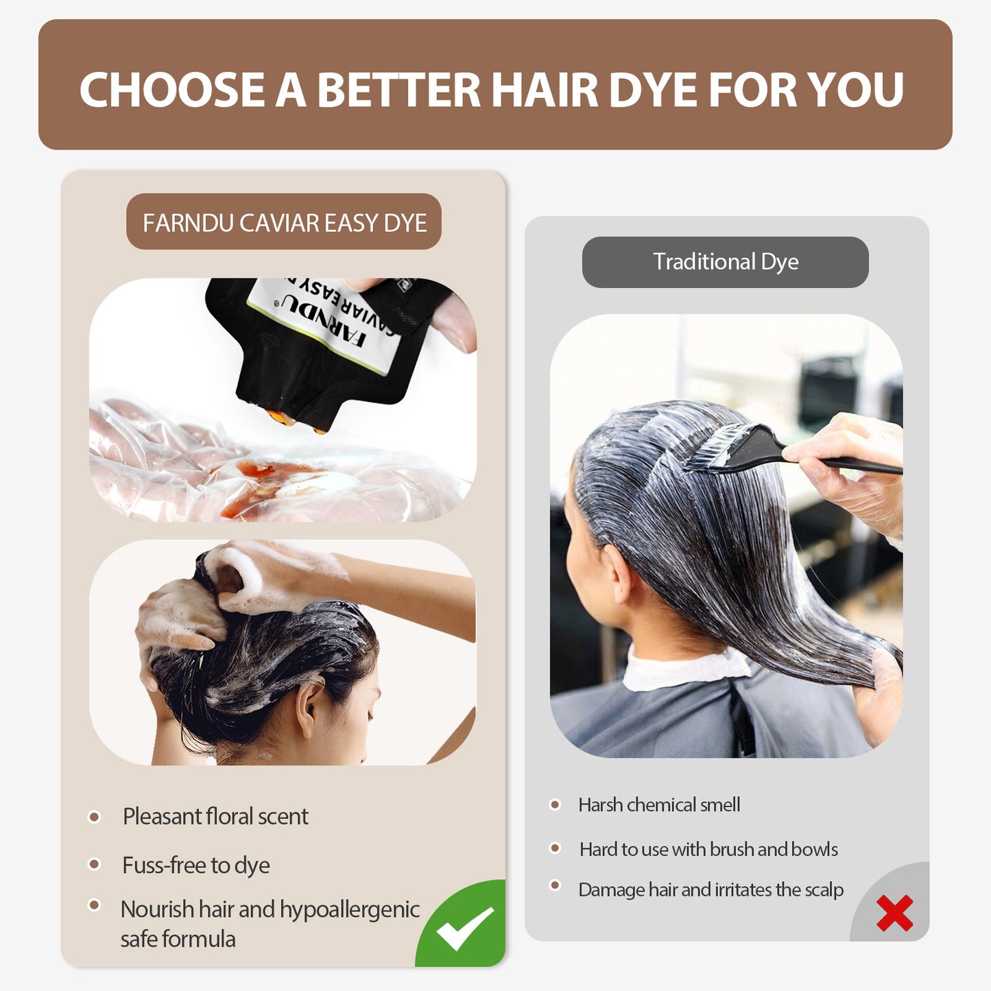 FARNDU CAVIAR EASY DYE, NO SLS/AMMONIA/PPD, 5 Plant Extracts, 10-15 Mins Fast Hair Dye + Gray Hair Coverage, Champu para canas