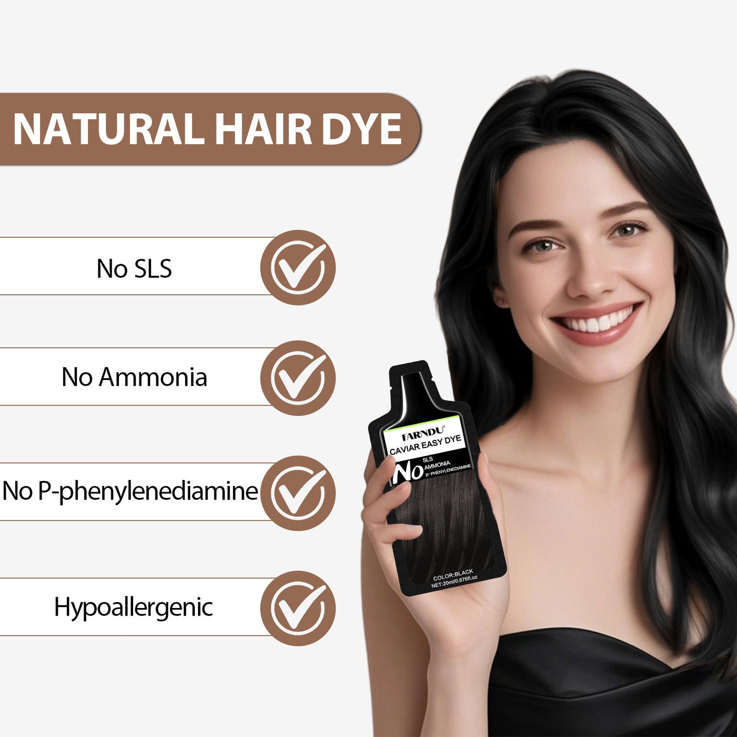 FARNDU CAVIAR EASY DYE, NO SLS/AMMONIA/PPD, 5 Plant Extracts, 10-15 Mins Fast Hair Dye + Gray Hair Coverage, Champu para canas
