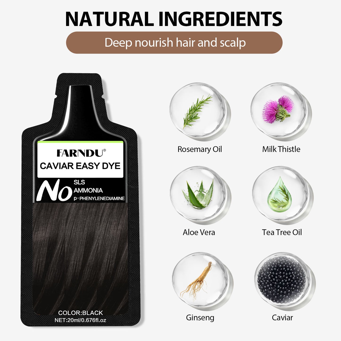 FARNDU CAVIAR EASY DYE, NO SLS/AMMONIA/PPD, 5 Plant Extracts, 10-15 Mins Fast Hair Dye + Gray Hair Coverage, Champu para canas