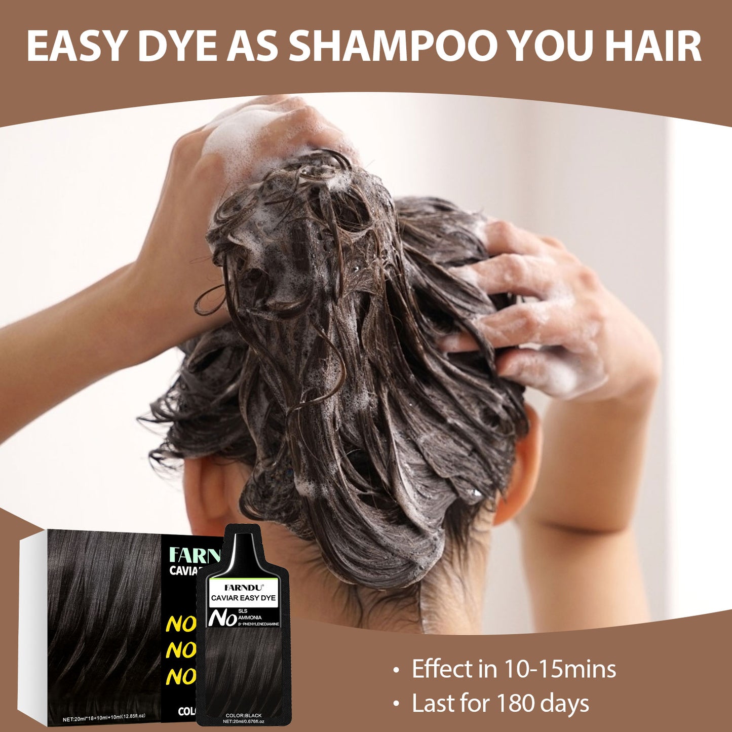 FARNDU CAVIAR EASY DYE, NO SLS/AMMONIA/PPD, 5 Plant Extracts, 10-15 Mins Fast Hair Dye + Gray Hair Coverage, Champu para canas