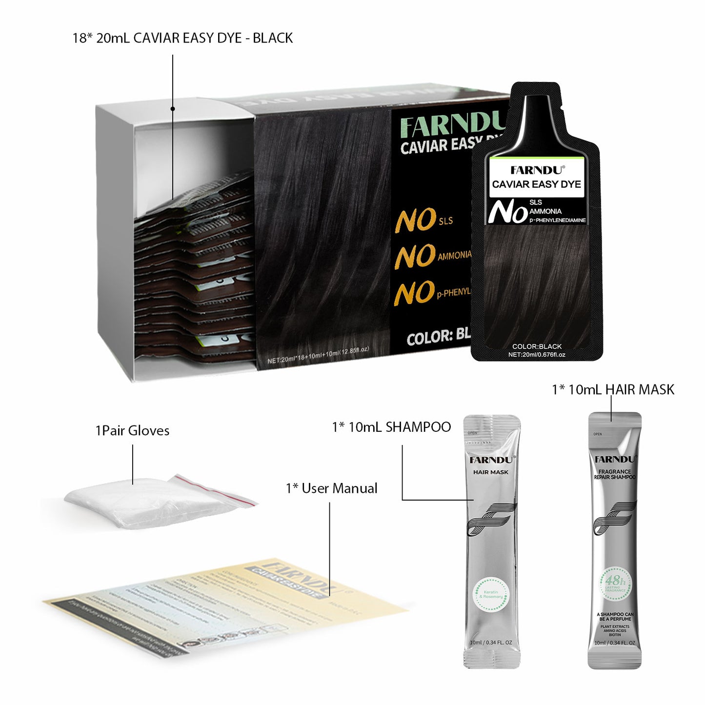 FARNDU CAVIAR EASY DYE, NO SLS/AMMONIA/PPD, 5 Plant Extracts, 10-15 Mins Fast Hair Dye + Gray Hair Coverage, Champu para canas