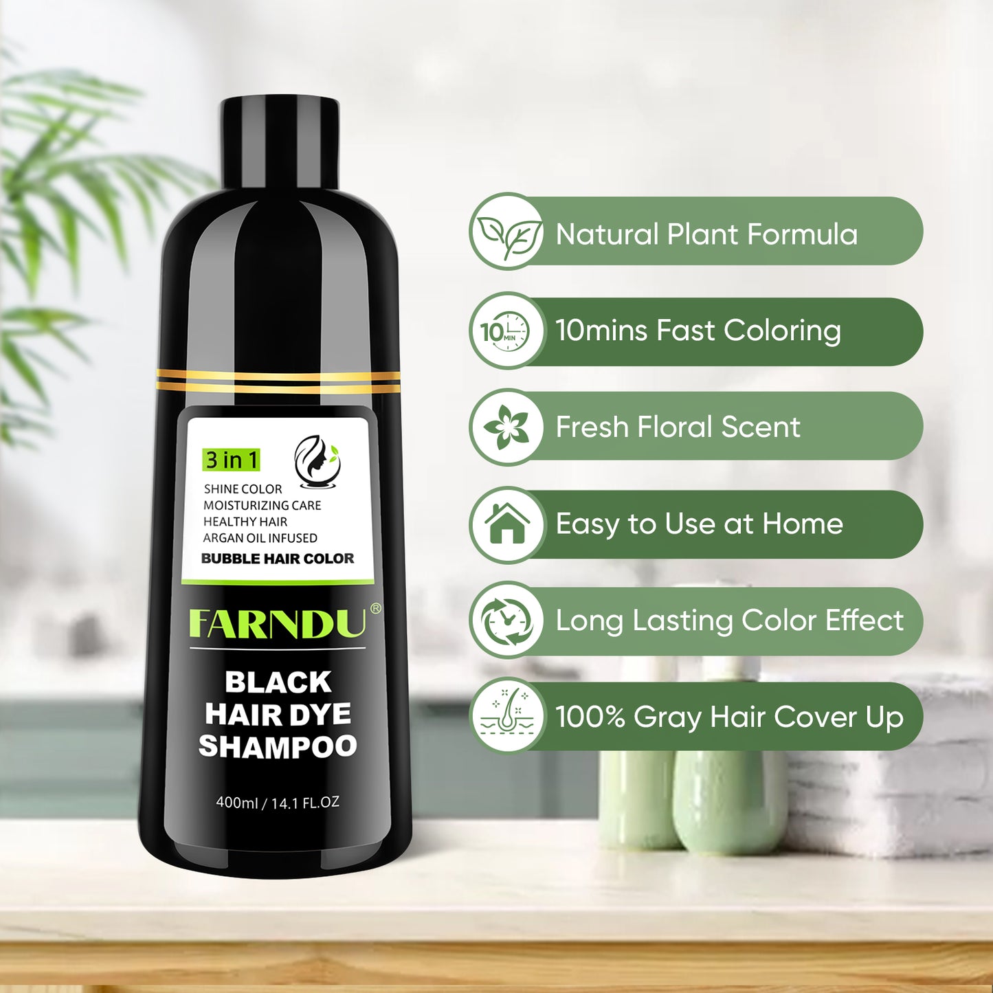 FARNDU-Hair Dye Shampoo, Gray Hair Coverage, 3 in 1 (+Shampoo+Conditioner), 10 Mins Hair Color, Glossy and bright, For Men & Women with All Hair Types, Long Lasting, Plant extracts, Fruity aroma Ammonia-Free Mild (400 mL)