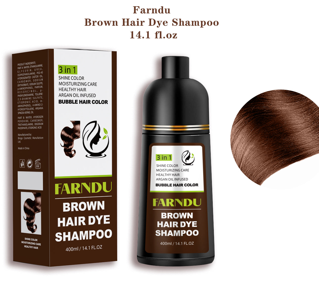 FARNDU-Hair Dye Shampoo, Gray Hair Coverage, 3 in 1 (+Shampoo+Conditioner), 10 Mins Hair Color, Glossy and bright, For Men & Women with All Hair Types, Long Lasting, Plant extracts, Fruity aroma Ammonia-Free Mild (400 mL)